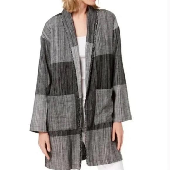 Eileen Fisher Organic Cotton Hazy Blocks Open Collar...
